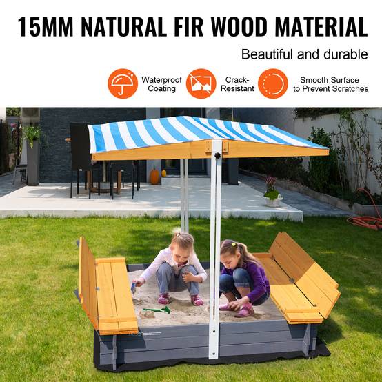 VEVOR Bac à sable bois avec auvent, 1455x1200x1200 mm. Banquettes pliables, doublure. Pour jardin, plage, 3-12 ans. - Image 3