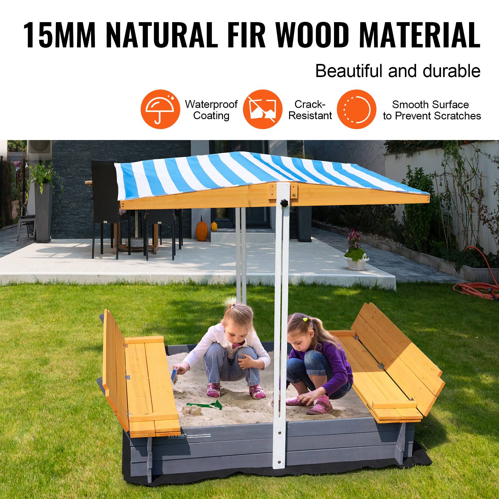 VEVOR Bac à sable bois avec auvent, 1455x1200x1200 mm. Banquettes pliables, doublure. Pour jardin, plage, 3-12 ans. - Image 3