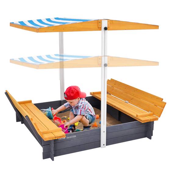VEVOR Bac à sable bois avec auvent, 1455x1200x1200 mm. Banquettes pliables, doublure. Pour jardin, plage, 3-12 ans. - Image 1