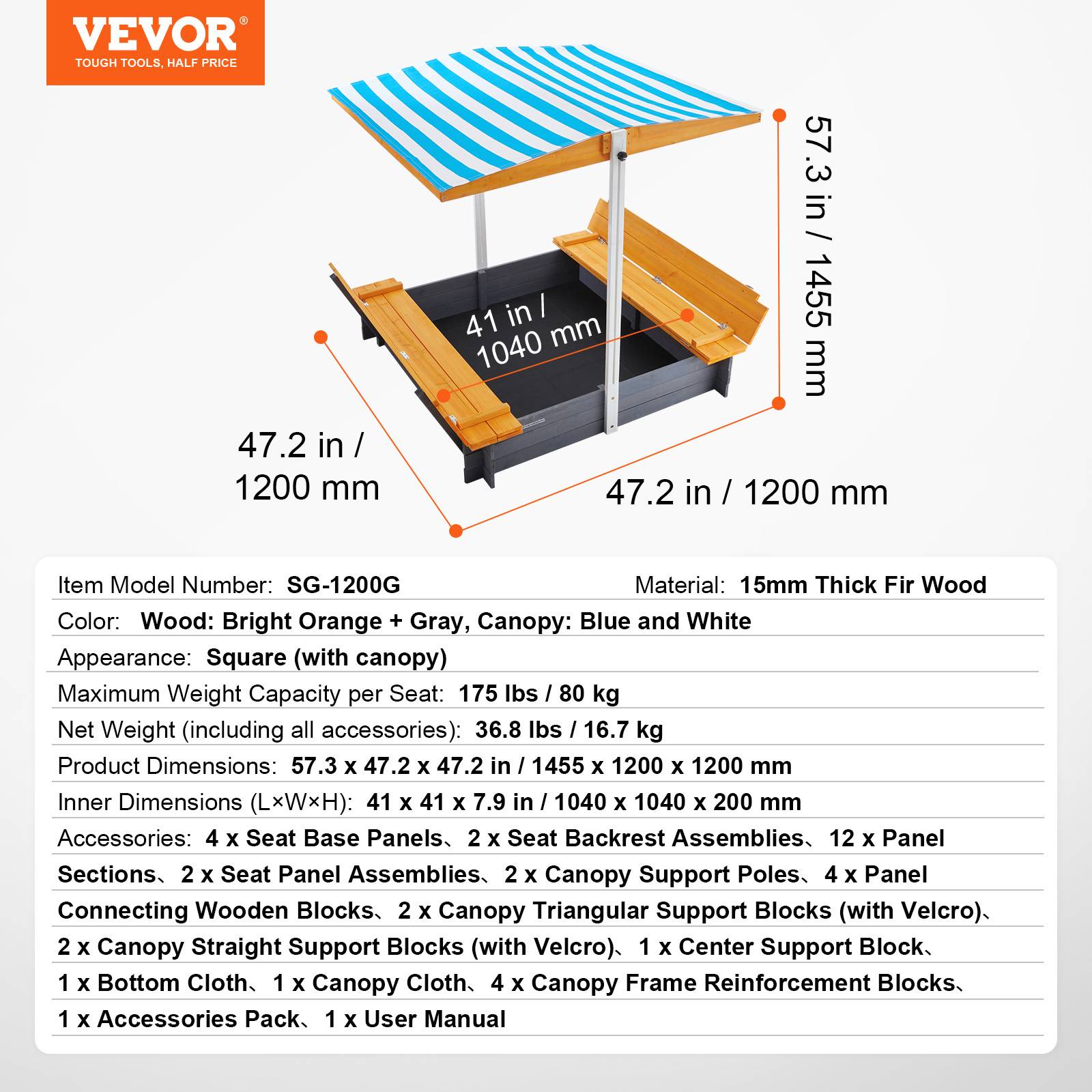 VEVOR Bac à sable bois avec auvent, 1455x1200x1200 mm. Banquettes pliables, doublure. Pour jardin, plage, 3-12 ans. - Image 7