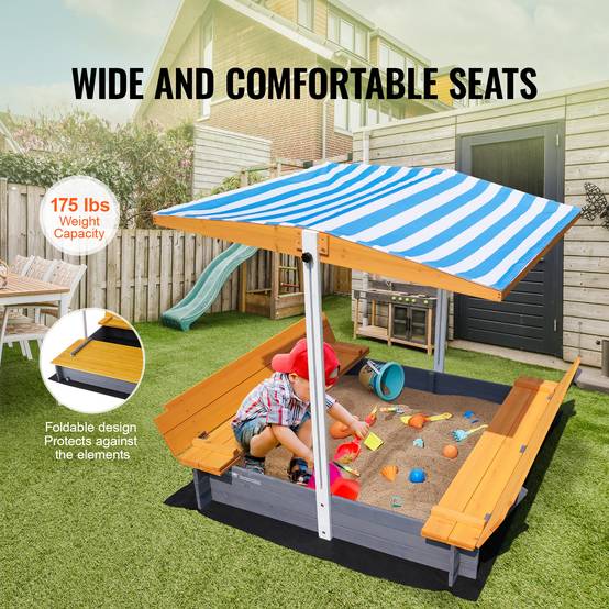 VEVOR Bac à sable bois avec auvent, 1455x1200x1200 mm. Banquettes pliables, doublure. Pour jardin, plage, 3-12 ans. - Image 5