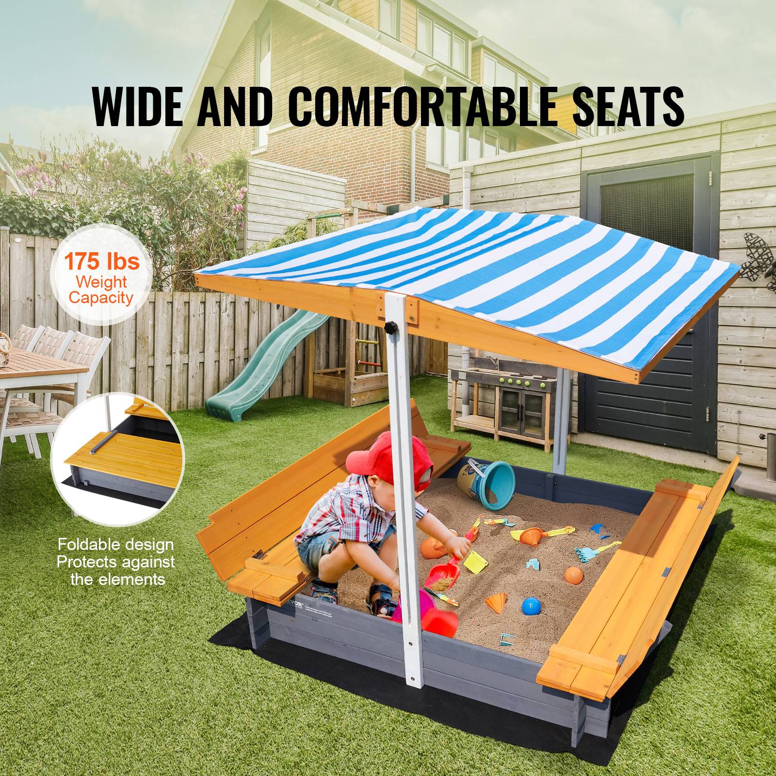 VEVOR Bac à sable bois avec auvent, 1455x1200x1200 mm. Banquettes pliables, doublure. Pour jardin, plage, 3-12 ans. - Image 5
