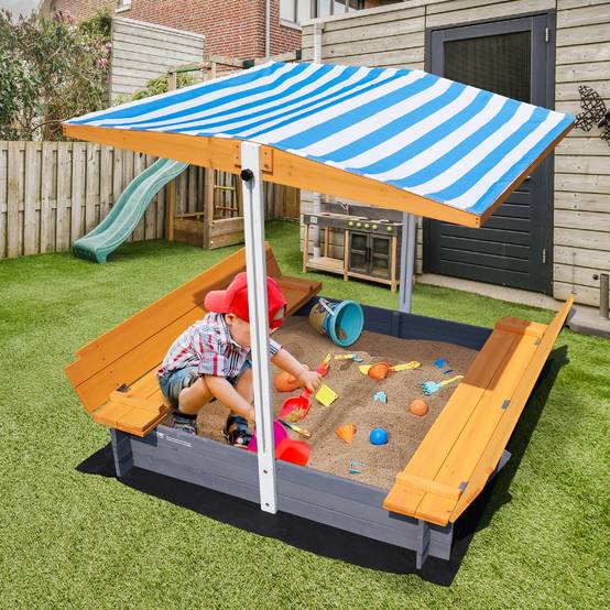 VEVOR Bac à sable bois avec auvent, 1455x1200x1200 mm. Banquettes pliables, doublure. Pour jardin, plage, 3-12 ans. - Image 8
