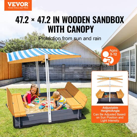 VEVOR Bac à sable bois avec auvent, 1455x1200x1200 mm. Banquettes pliables, doublure. Pour jardin, plage, 3-12 ans. - Image 2