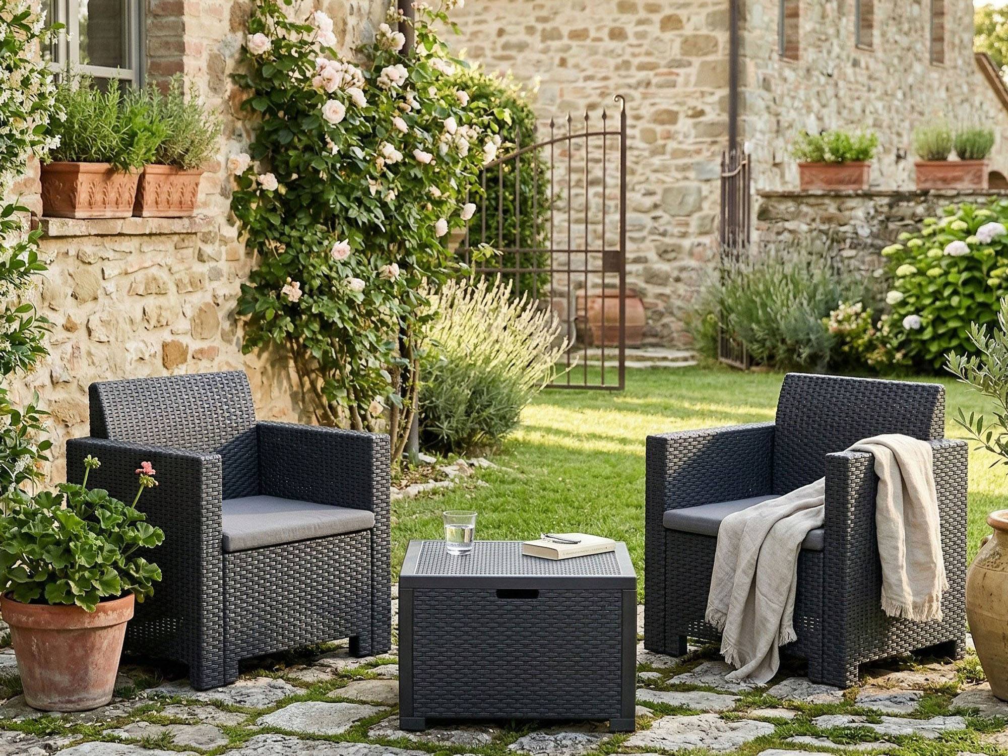 Dmora - Ensemble de salon d'extérieur Neptune, Ensemble de jardin avec coussins, Ensemble de salon d'intérieur effet rotin, Anthracite - Dmora - Imagen 6