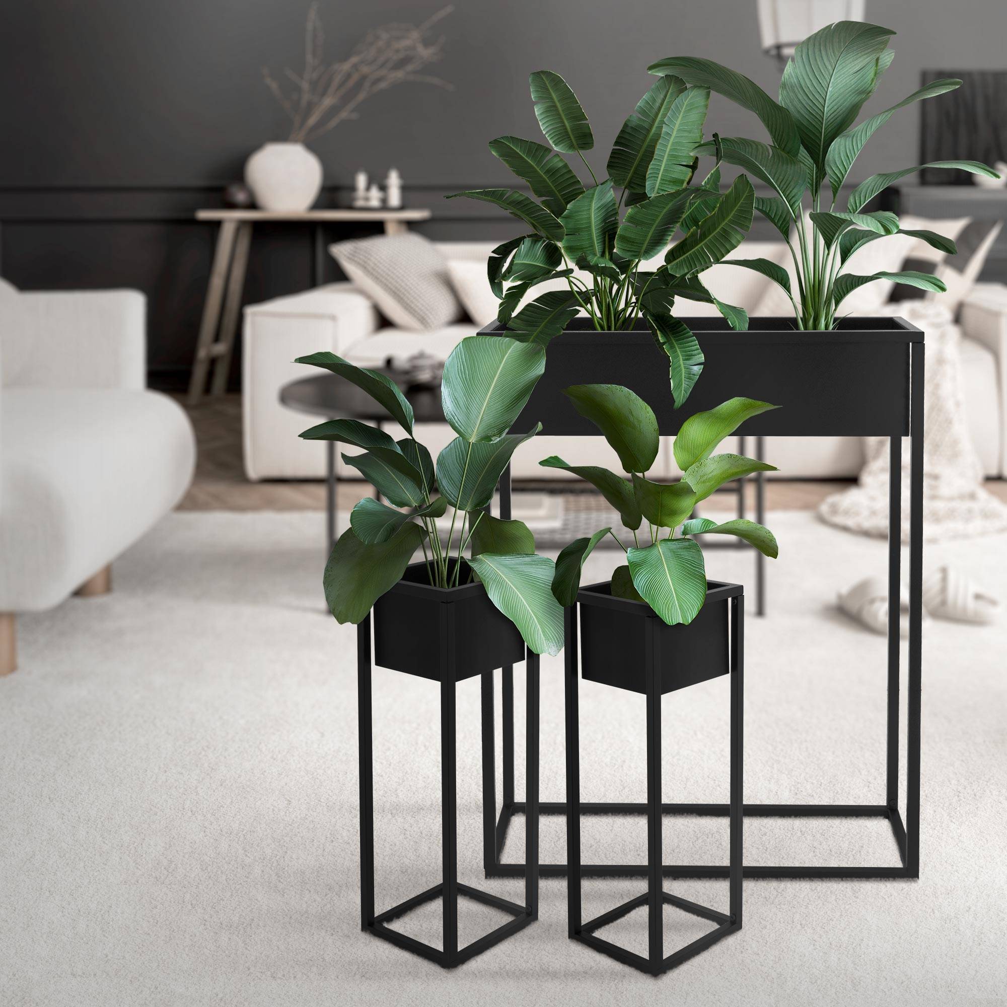 Ml-Design - Set de 3 supports pour plantes en métal noir boîte pot à fleurs plateau amovible - Imagen 6
