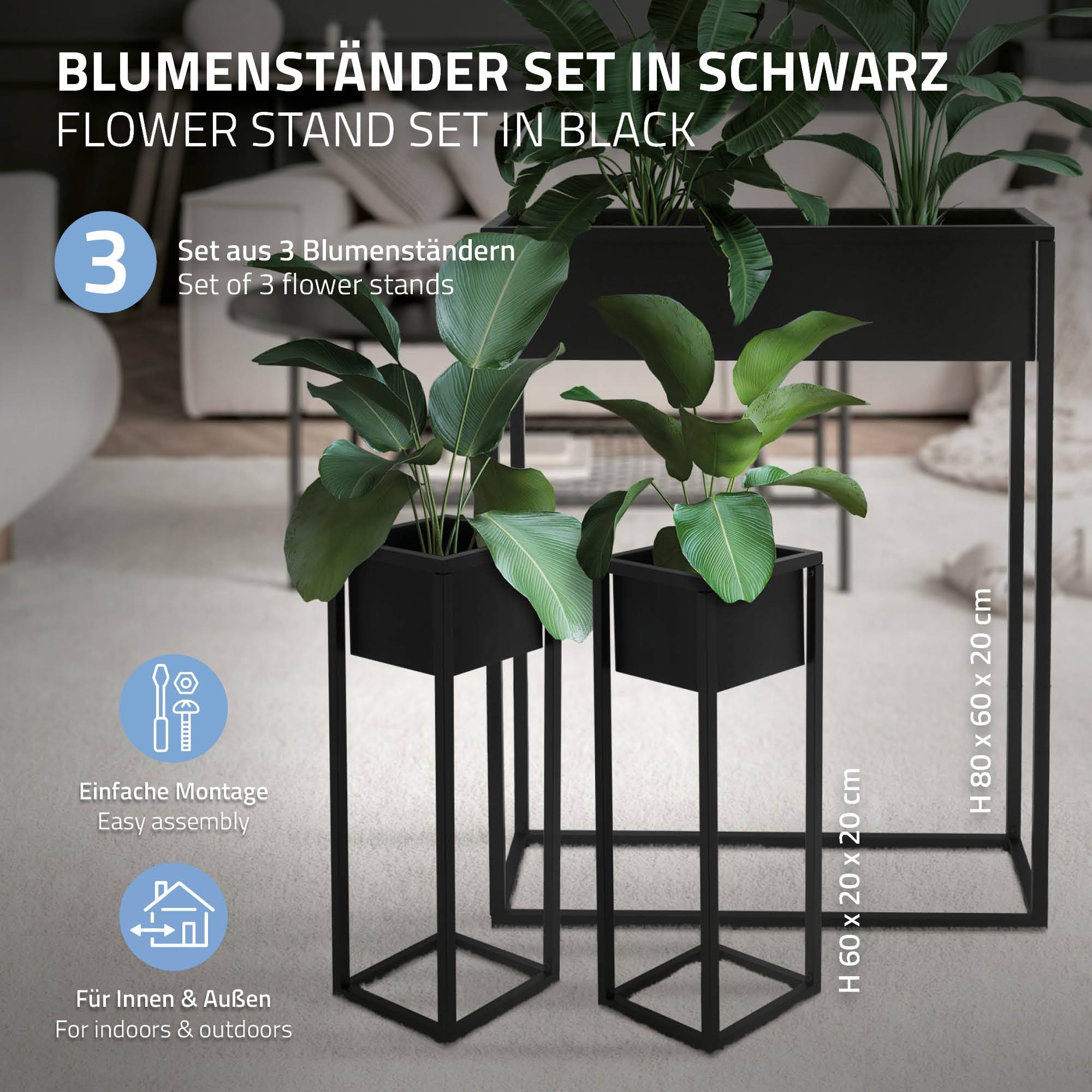 Ml-Design - Set de 3 supports pour plantes en métal noir boîte pot à fleurs plateau amovible - Imagen 2