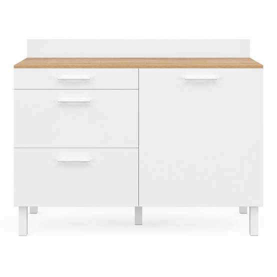 Buffet bas de cuisine 120 cm casserolier CINA plan de travail H.83 cm 1 porte + 3 tiroirs façon hêtre et blanc - Image 4