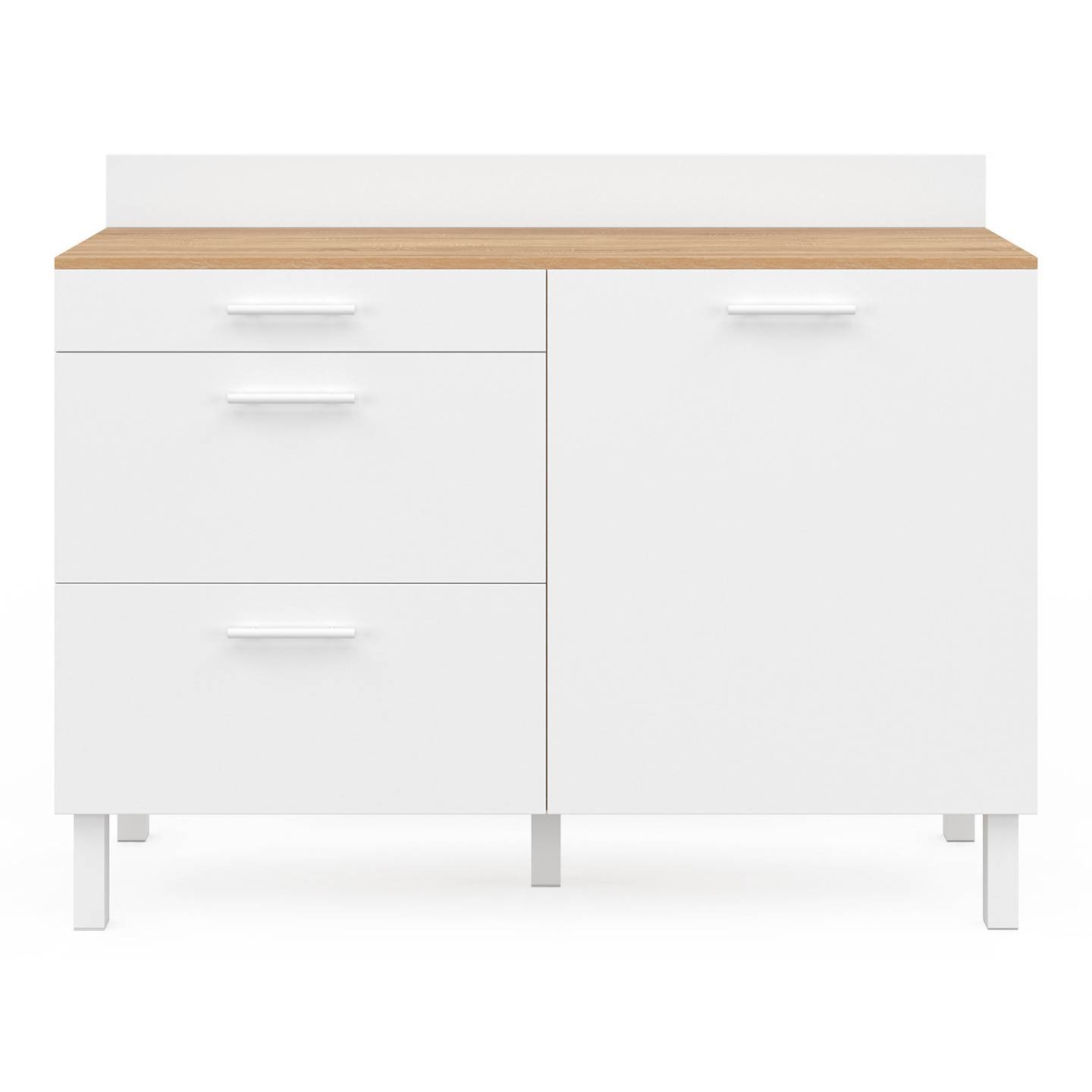 Buffet bas de cuisine 120 cm casserolier CINA plan de travail H.83 cm 1 porte + 3 tiroirs façon hêtre et blanc - Image 4