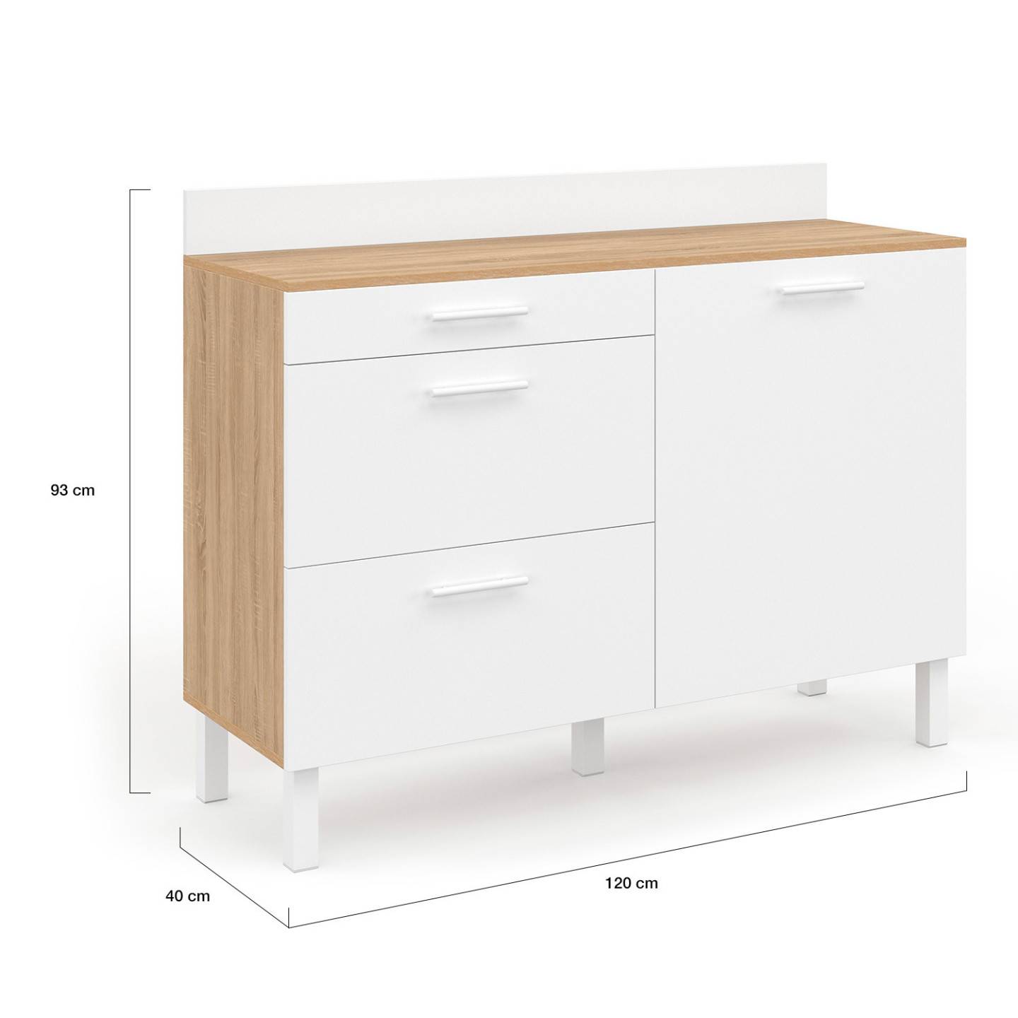 Buffet bas de cuisine 120 cm casserolier CINA plan de travail H.83 cm 1 porte + 3 tiroirs façon hêtre et blanc - Image 6