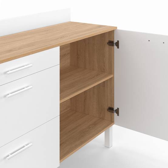 Buffet bas de cuisine 120 cm casserolier CINA plan de travail H.83 cm 1 porte + 3 tiroirs façon hêtre et blanc - Image 7