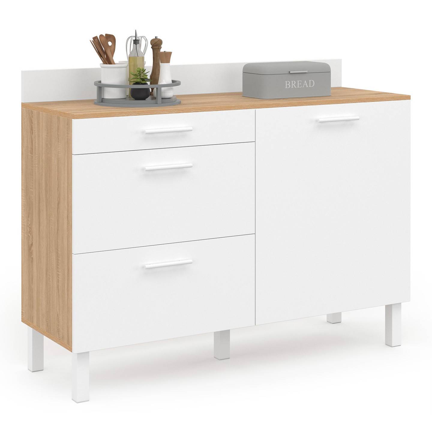 Buffet bas de cuisine 120 cm casserolier CINA plan de travail H.83 cm 1 porte + 3 tiroirs façon hêtre et blanc - Image 3