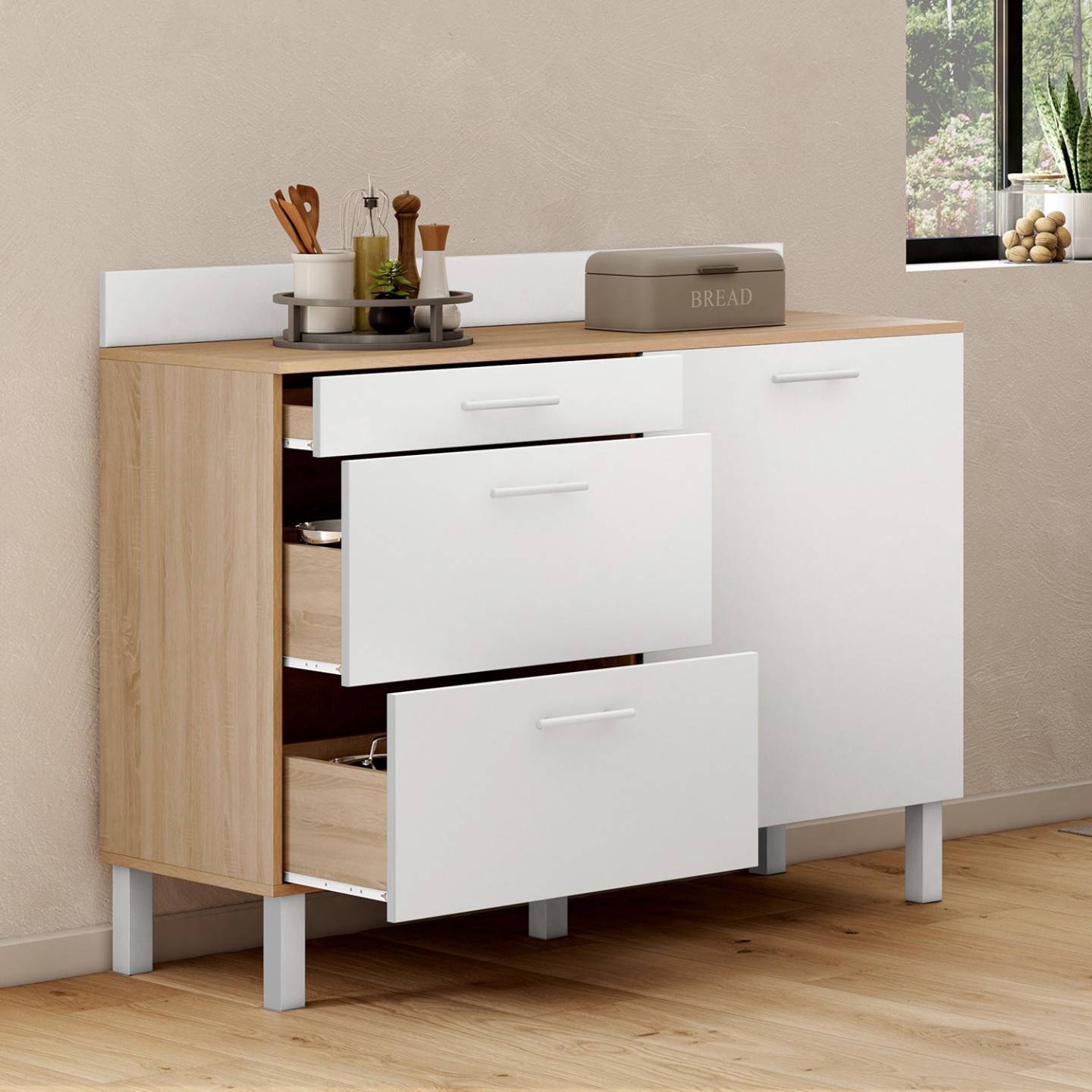 Buffet bas de cuisine 120 cm casserolier CINA plan de travail H.83 cm 1 porte + 3 tiroirs façon hêtre et blanc - Image 1