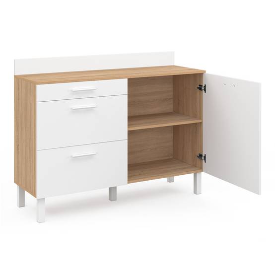 Buffet bas de cuisine 120 cm casserolier CINA plan de travail H.83 cm 1 porte + 3 tiroirs façon hêtre et blanc - Image 5