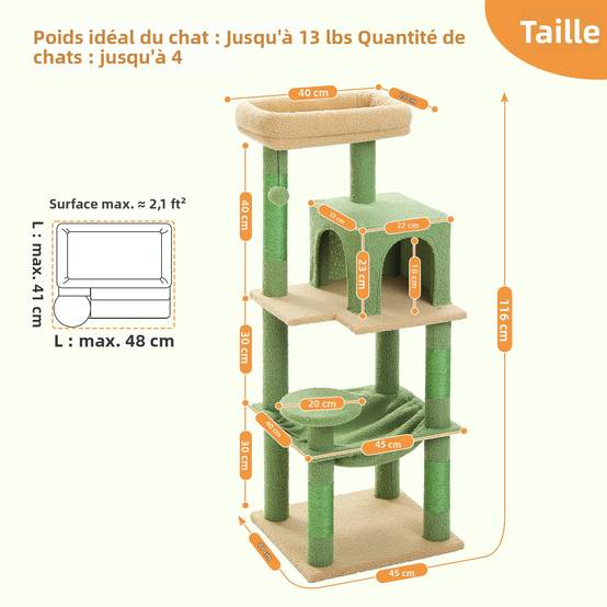 Arbre à Chat 116 cm avec Hamac et Maison Vert M PAWZ Road - Image 2