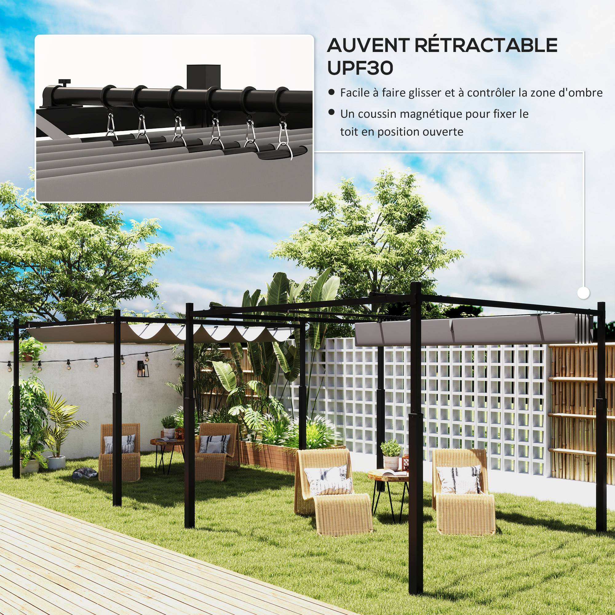 Pergola de jardin métal pour terrasse toit rétractable UPF30+ 3x3m gris - ComfortXL Outdoor Living - Image 6