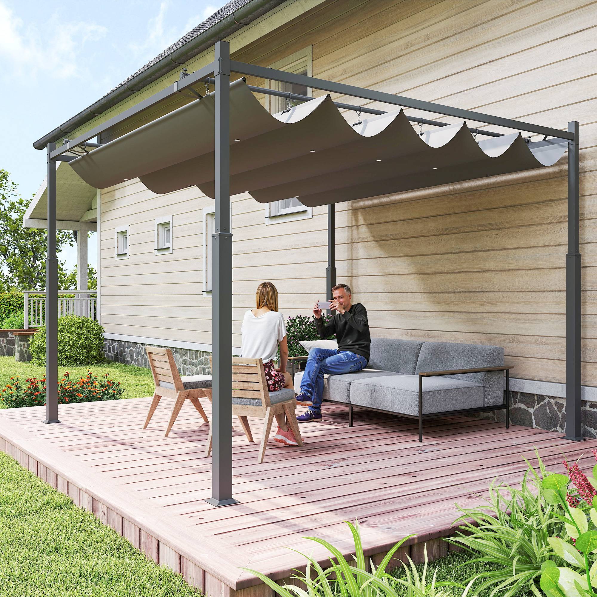 Pergola de jardin métal pour terrasse toit rétractable UPF30+ 3x3m gris - ComfortXL Outdoor Living - Image 3