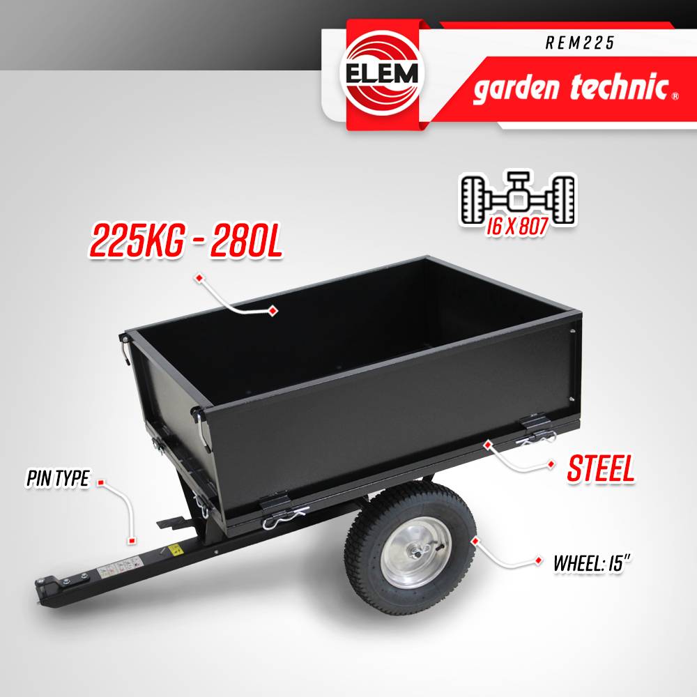 Elem Garden Technic - Remorque pour tracteur tondeuse avec benne basculante - charge max 225kg. - Image 2