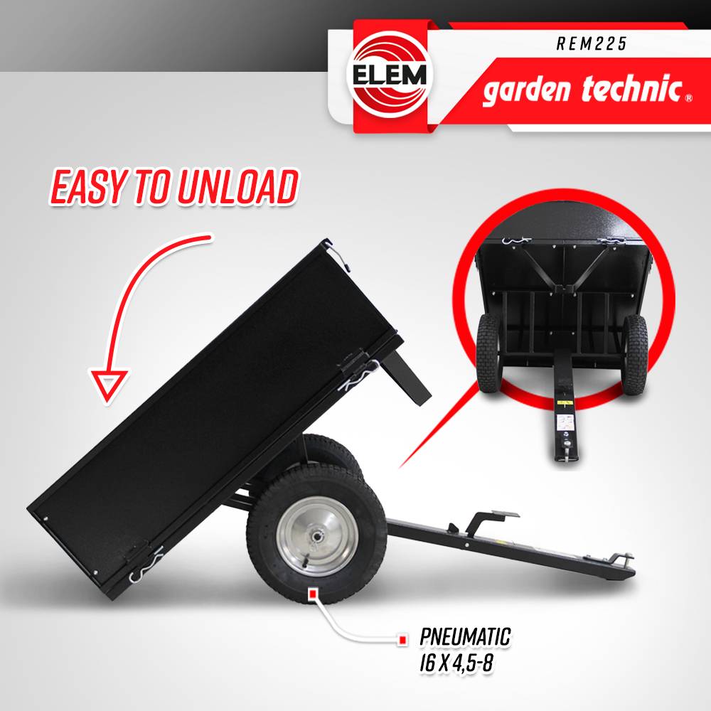 Elem Garden Technic - Remorque pour tracteur tondeuse avec benne basculante - charge max 225kg. - Image 3