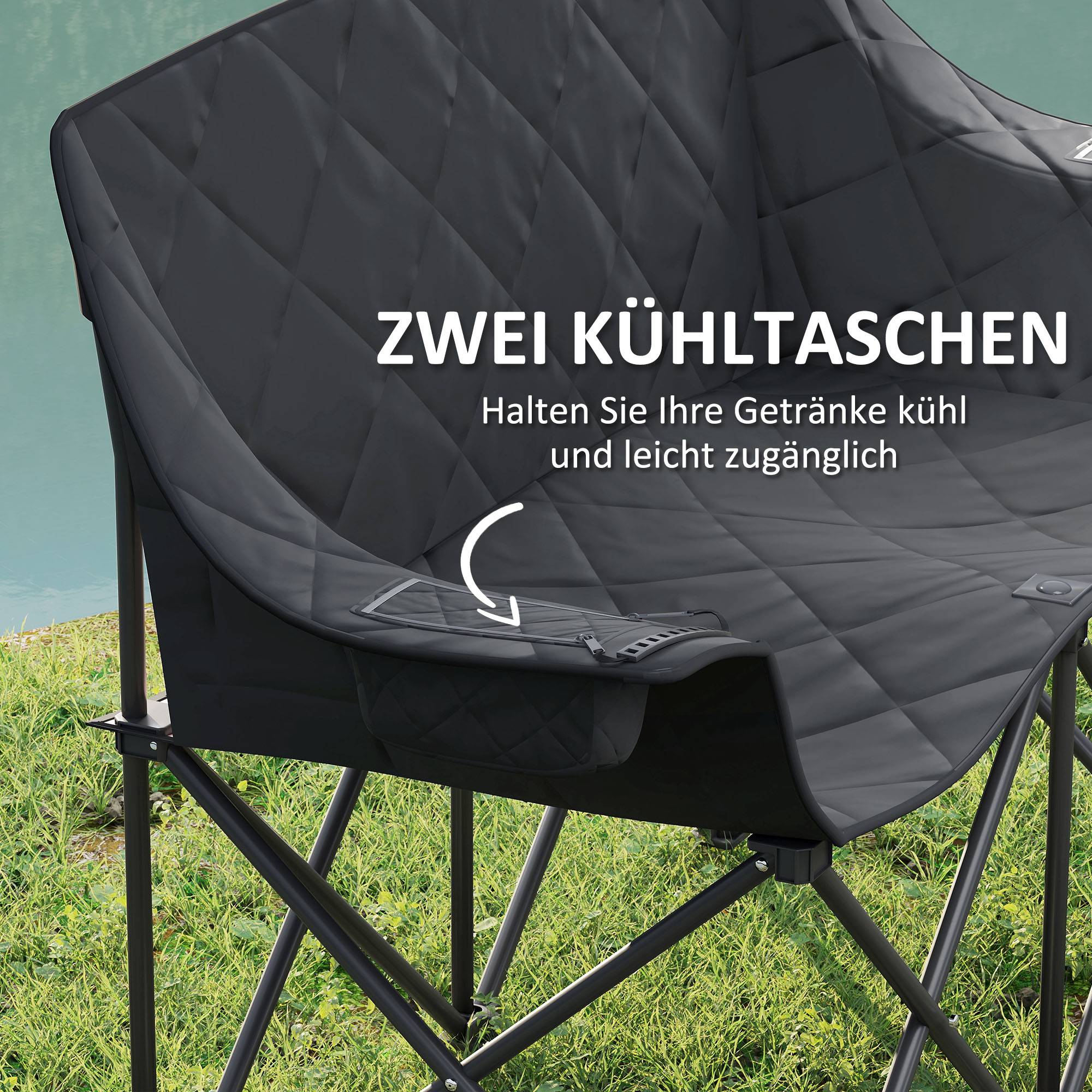 Chaise de camping 2 places pliante métal et tissu noir 145 x 60 x 92 cm - PANGIVO - Image 8
