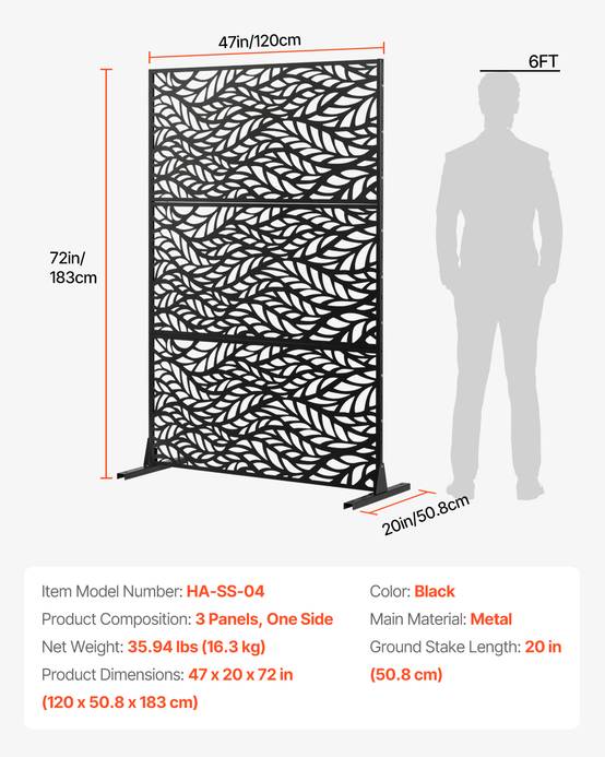 VEVOR Brise-vue métal 120x183 cm, autoportant, écran confidentialité. Paravent extérieur, patio, balcon, noir. - Image 7