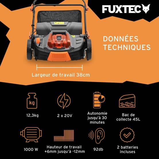 Fuxtec Scarificateur Aérateur À Batterie 40v Set Fx-e2ve38set Avec 2 Batteries Et Chargeur, 2-en-1, Largeur 38 Cm - Image 3
