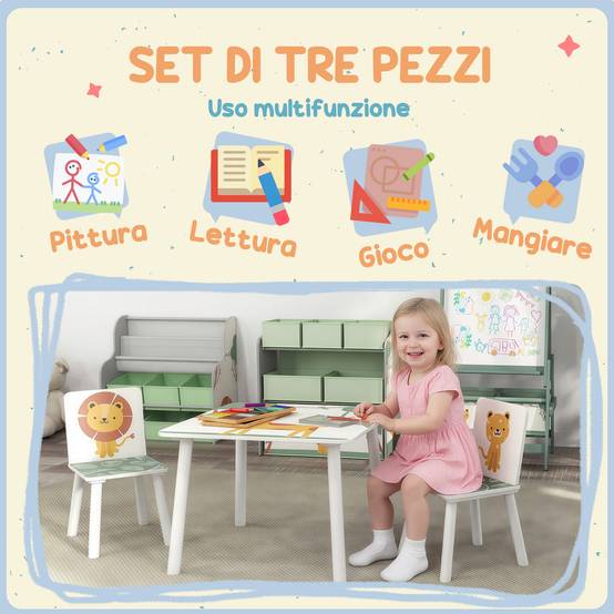 Ensemble mobilier chambre table et 2 chaises enfant 3-8 ans motifs animaux, vert - Image 6