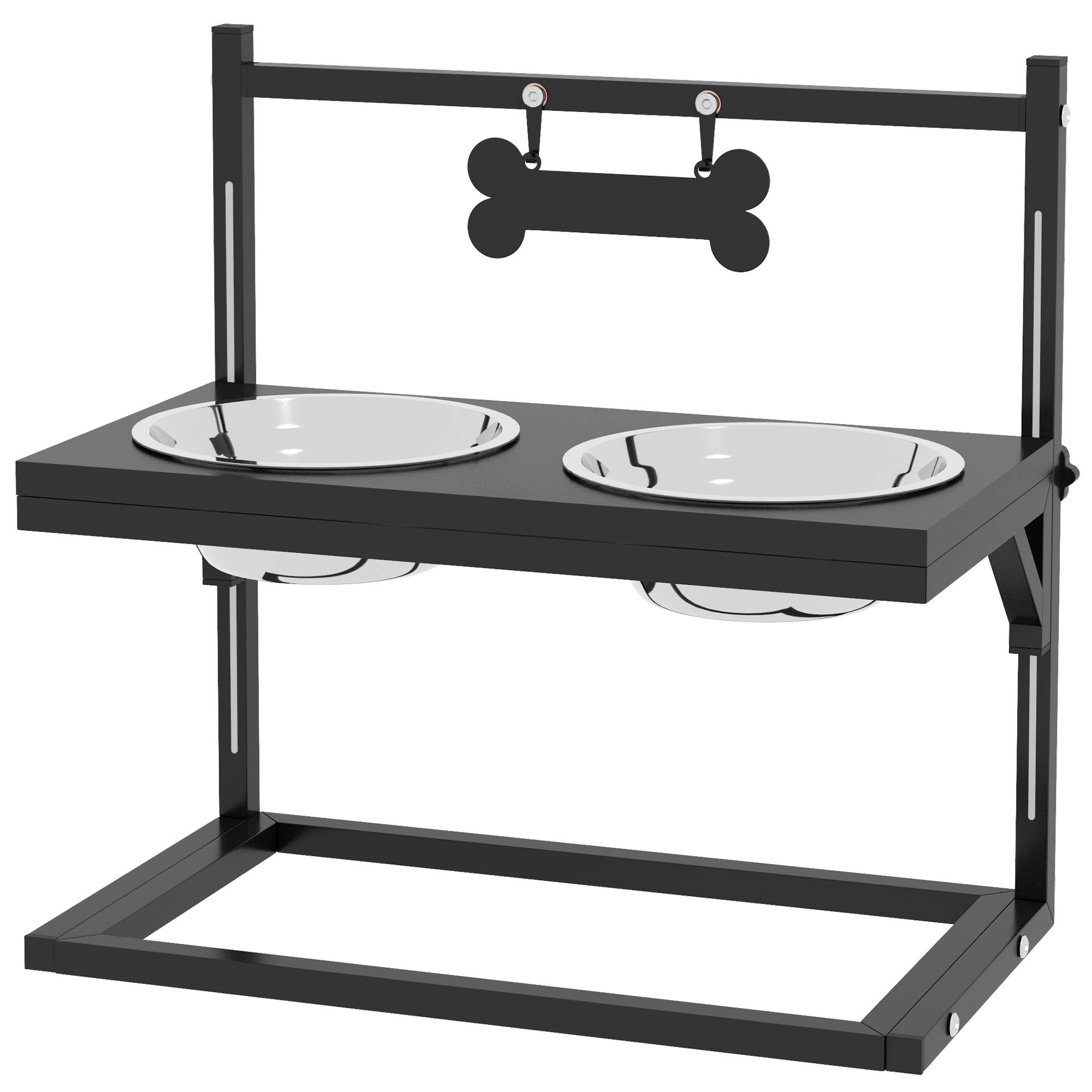 Gamelle surélevée pour chien avec 2 gamelles en acier inoxydable, hauteur réglable et 1 plateau en métal, 40,5 x 22 x 39 cm, noire - Image 2