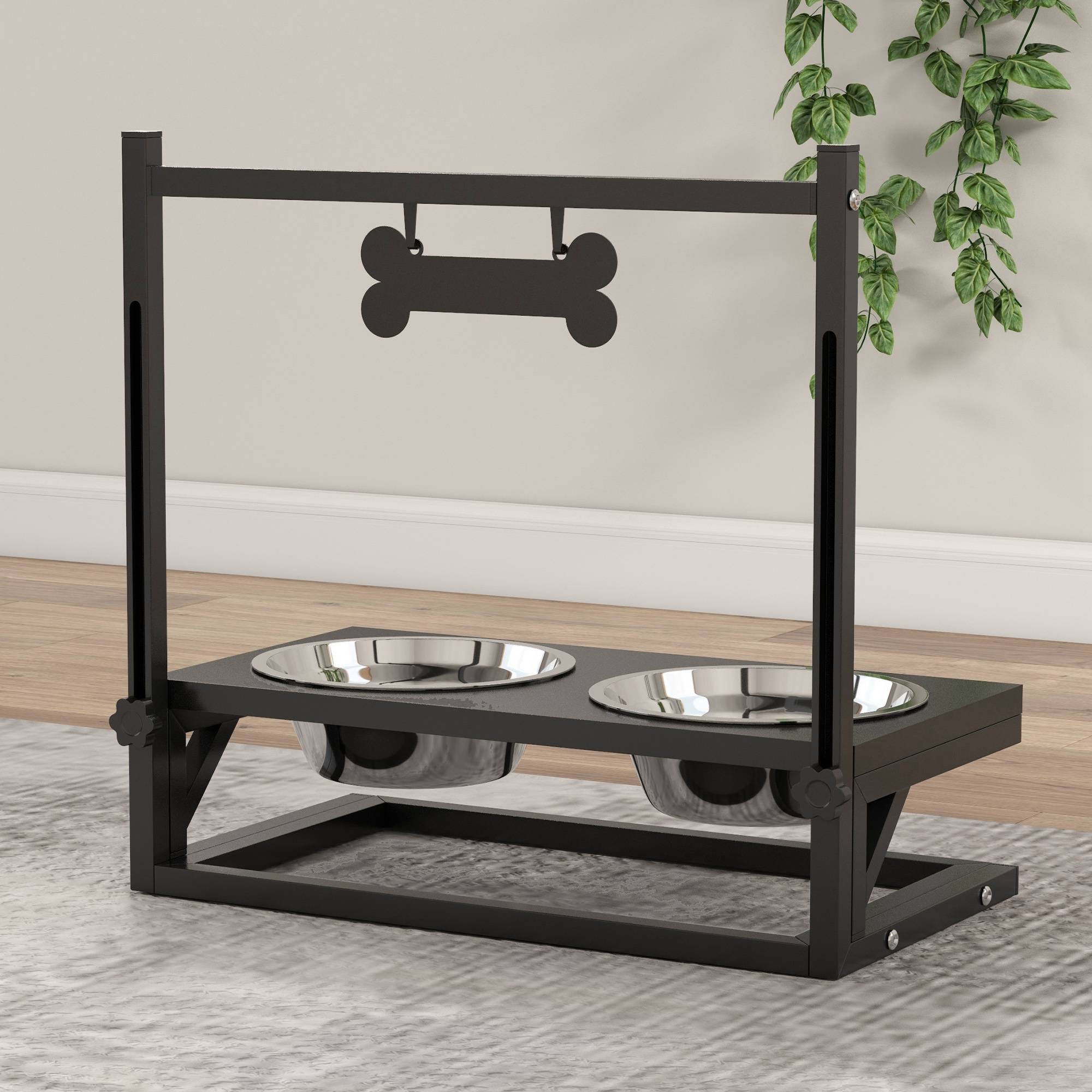 Gamelle surélevée pour chien avec 2 gamelles en acier inoxydable, hauteur réglable et 1 plateau en métal, 40,5 x 22 x 39 cm, noire - Image 10