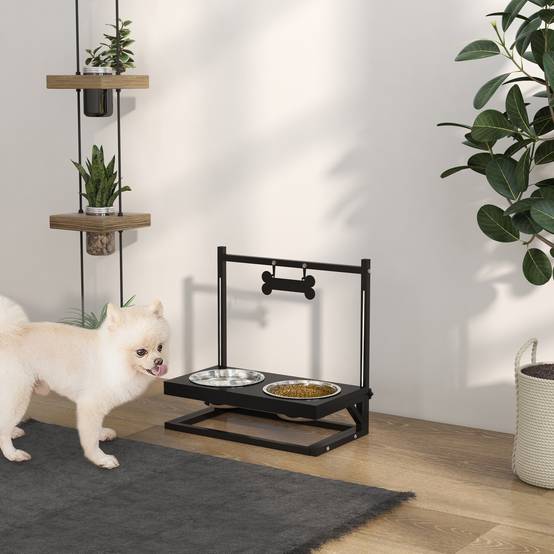 Gamelle surélevée pour chien avec 2 gamelles en acier inoxydable, hauteur réglable et 1 plateau en métal, 40,5 x 22 x 39 cm, noire - Image 3