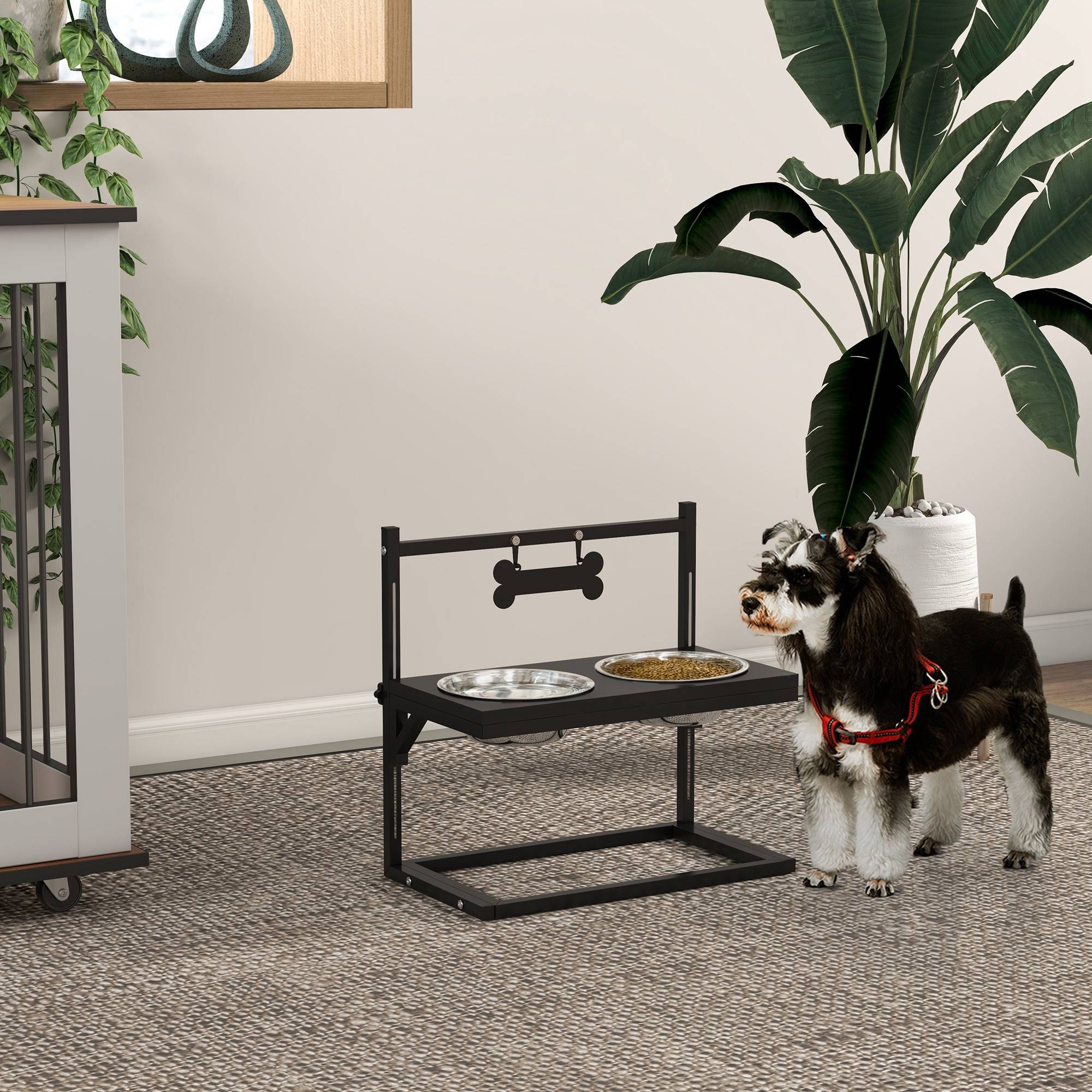 Gamelle surélevée pour chien avec 2 gamelles en acier inoxydable, hauteur réglable et 1 plateau en métal, 40,5 x 22 x 39 cm, noire - Image 4
