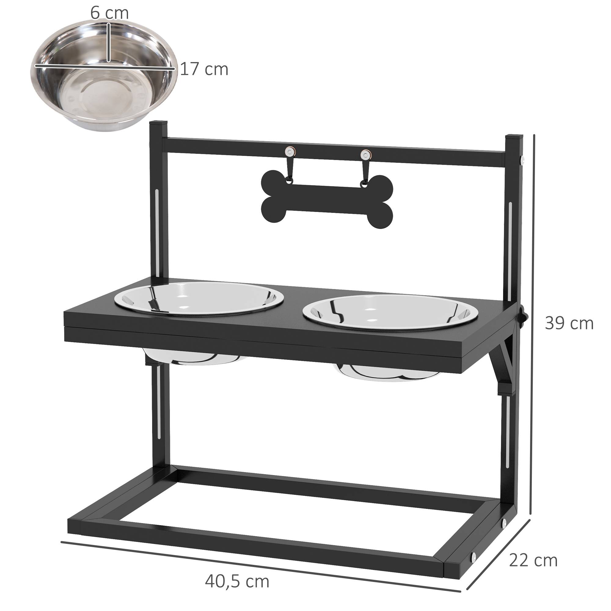 Gamelle surélevée pour chien avec 2 gamelles en acier inoxydable, hauteur réglable et 1 plateau en métal, 40,5 x 22 x 39 cm, noire - Image 5