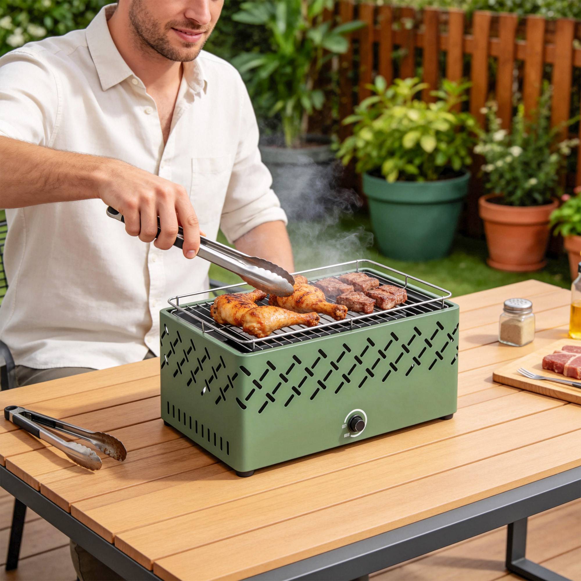 Barbecue à charbon portable avec ventilateur intégré pour extérieur, vert clai - Image 10