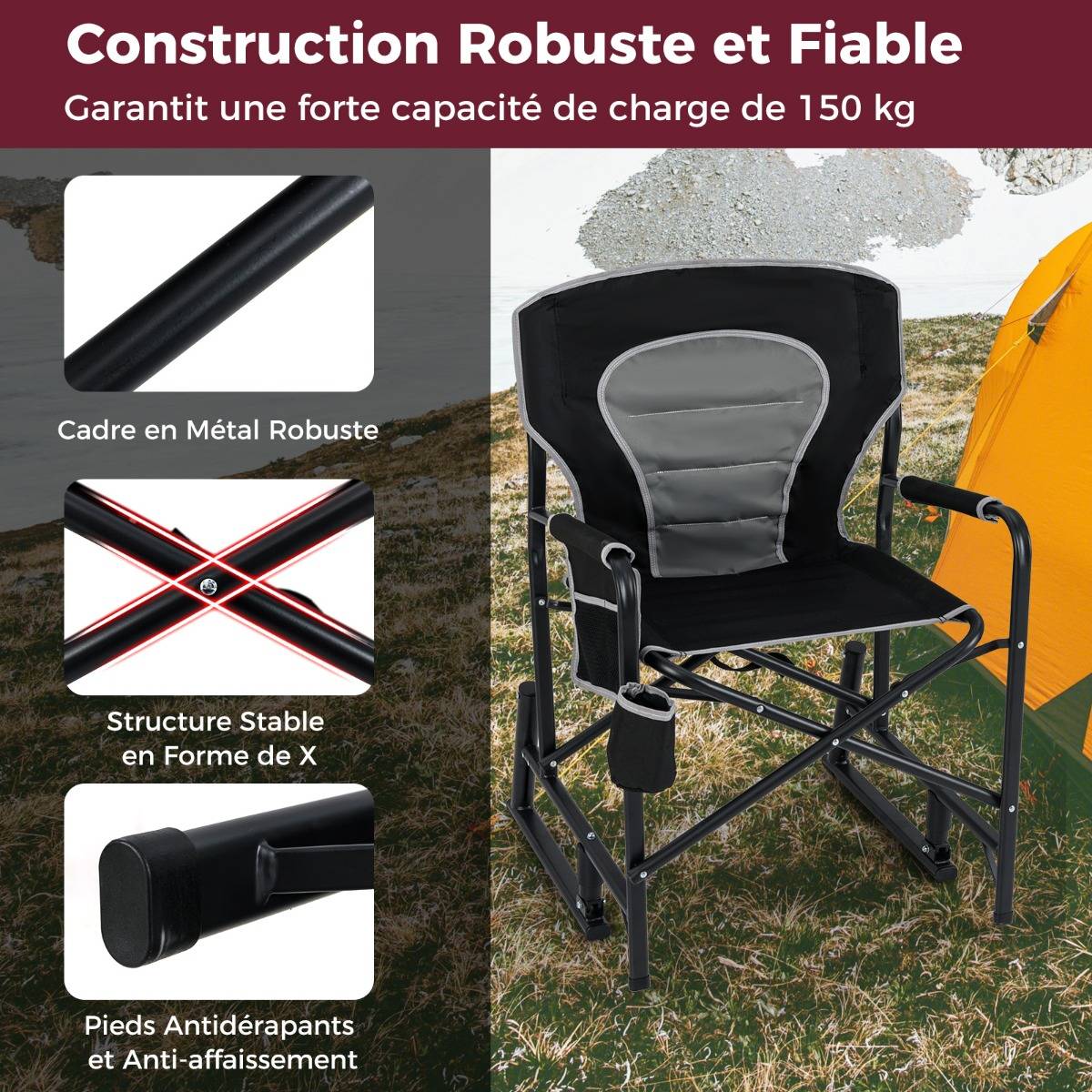 KESSER Chaise De Camping Pliable à Bascule 160kg - Chaise Pêche Plage Avec Lumière LED - Rembourrée Dossier Haut