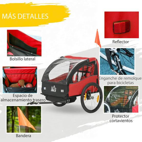 Remorque vélo pour enfants de plus de 18 mois avec ceinture de sécurité et système d'amortisseurs, 140 x 88 x 90 cm, rouge - Image 9