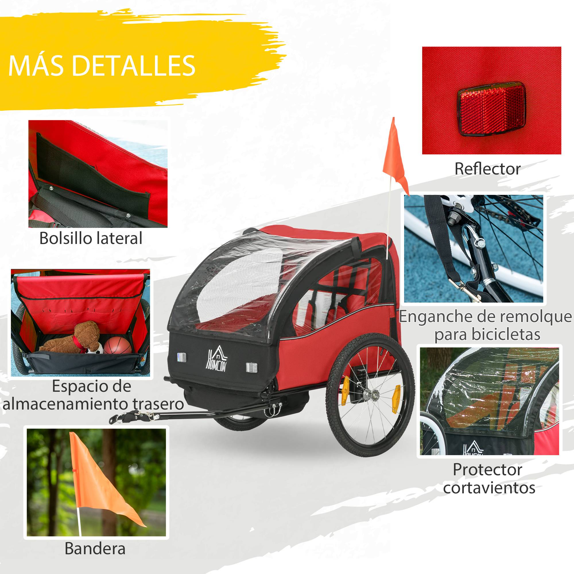 Remorque vélo pour enfants de plus de 18 mois avec ceinture de sécurité et système d'amortisseurs, 140 x 88 x 90 cm, rouge - Image 9