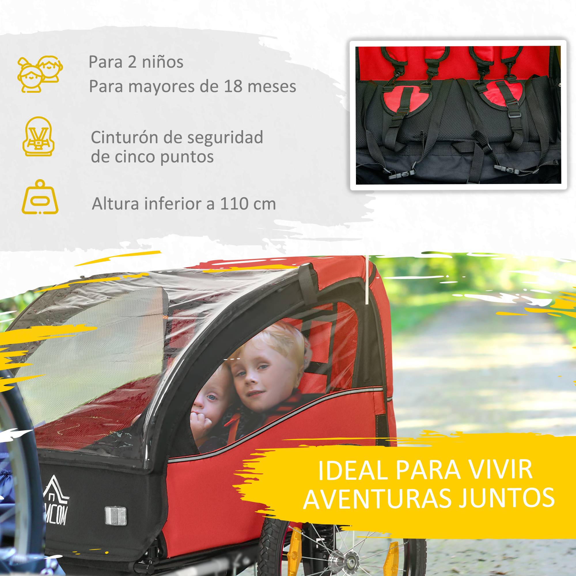 Remorque vélo pour enfants de plus de 18 mois avec ceinture de sécurité et système d'amortisseurs, 140 x 88 x 90 cm, rouge - Image 8
