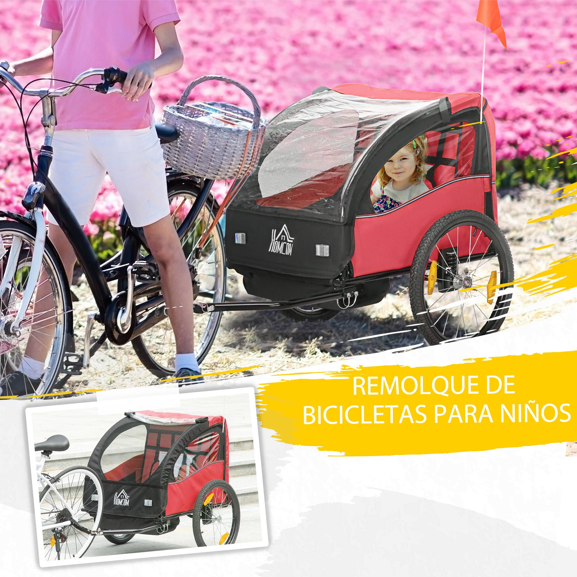 Remorque vélo pour enfants de plus de 18 mois avec ceinture de sécurité et système d'amortisseurs, 140 x 88 x 90 cm, rouge - Image 6
