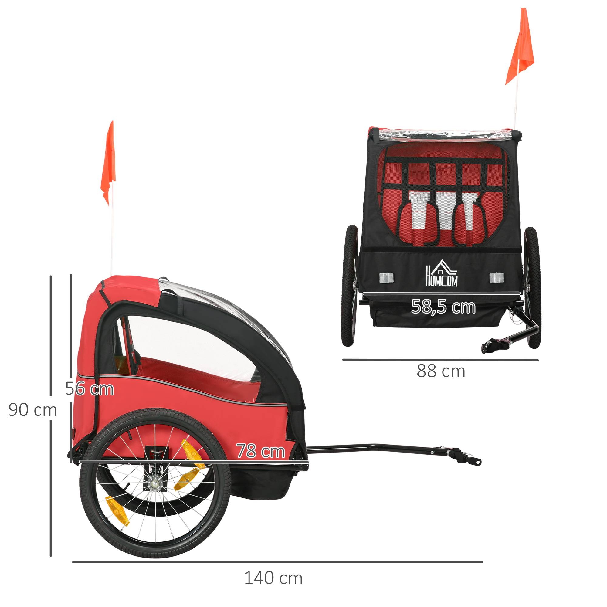 Remorque vélo pour enfants de plus de 18 mois avec ceinture de sécurité et système d'amortisseurs, 140 x 88 x 90 cm, rouge - Image 5