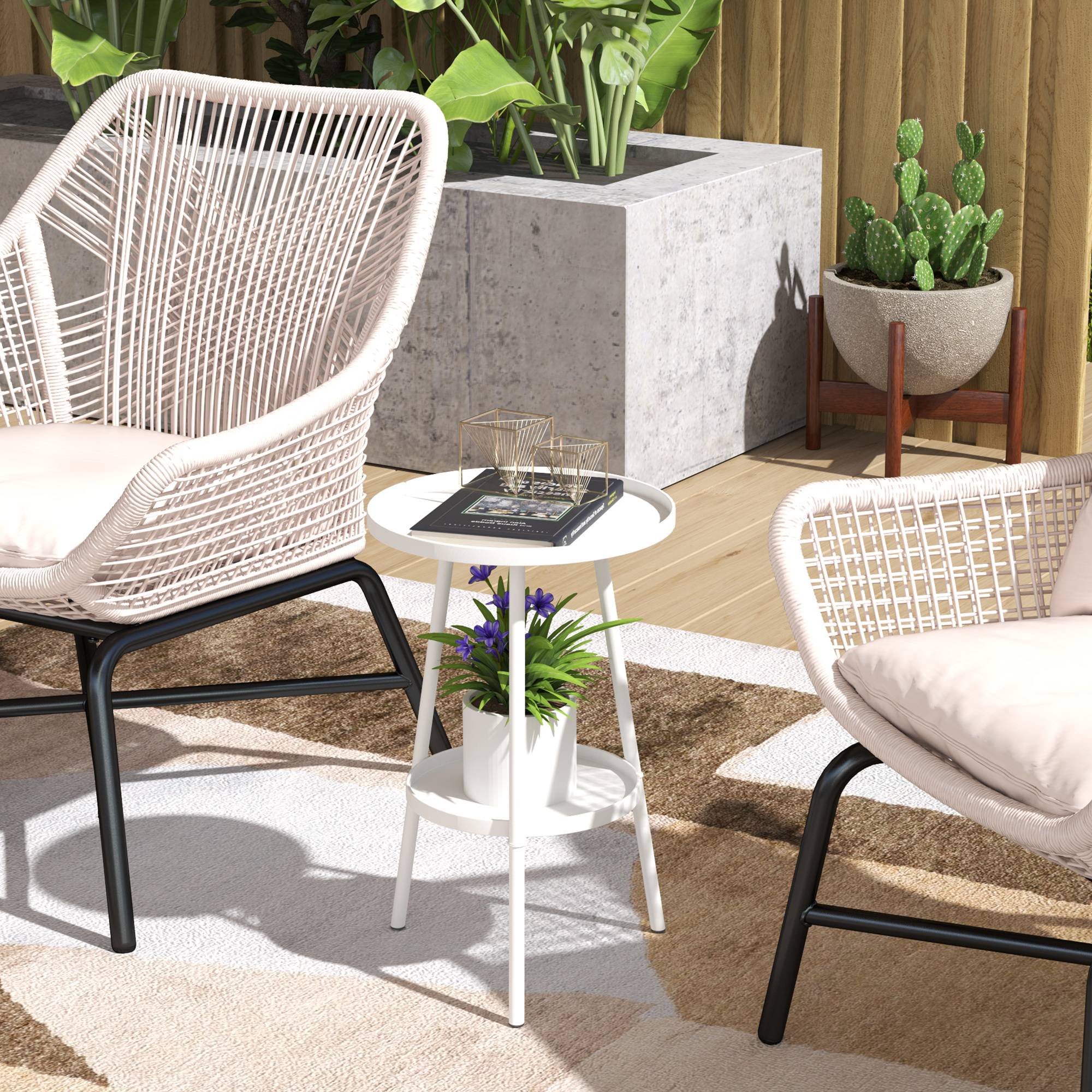 Sans Marque - Table de jardin ronde à 2 niveaux avec rebords surélevés et plateau inférieur, pour une utilisation intérieure et extérieure, Ø 32 x 51 cm, blanche - Image 3