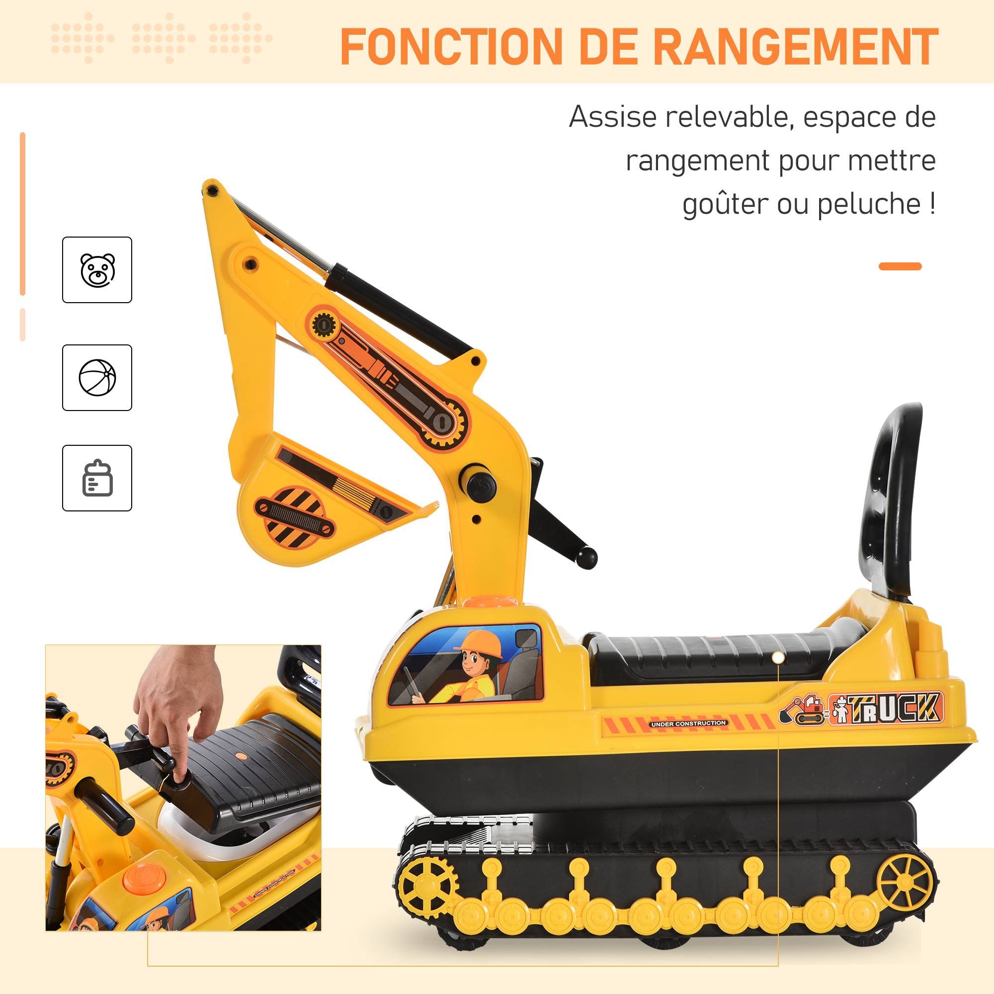 Porteur Enfant tractopelle 18-48 Mois Coffre klaxon Fonction pivotante - Image 6