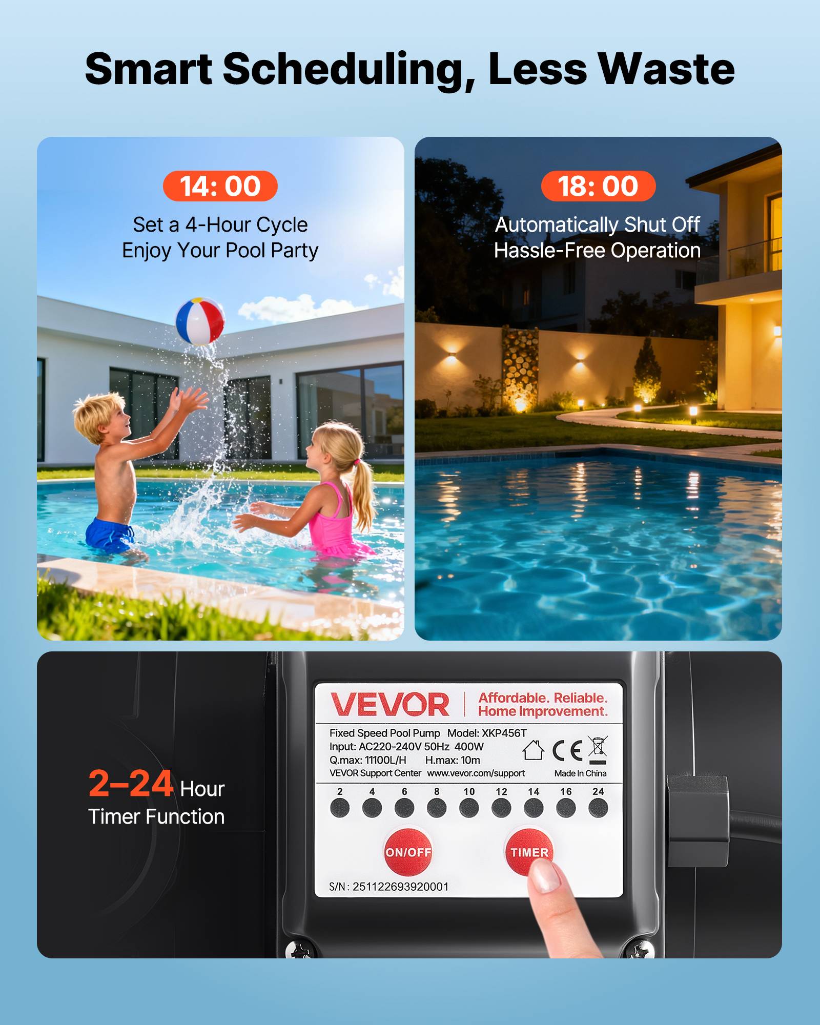 Vevor - VEVOR Pompe piscine 400 W, 11 100 L/h, hauteur refoulement 10 m, monovitesse, panier filtrant et minuterie 24 h, 220-240 V CA. - Image 4