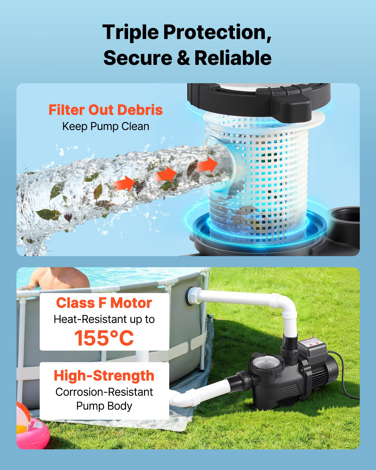 Vevor - VEVOR Pompe piscine 400 W, 11 100 L/h, hauteur refoulement 10 m, monovitesse, panier filtrant et minuterie 24 h, 220-240 V CA. - Image 5