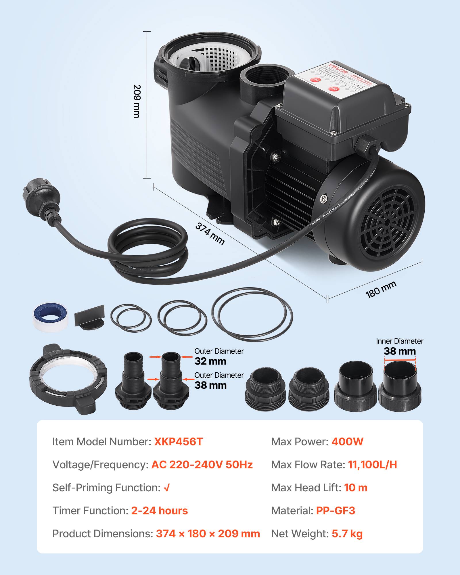 Vevor - VEVOR Pompe piscine 400 W, 11 100 L/h, hauteur refoulement 10 m, monovitesse, panier filtrant et minuterie 24 h, 220-240 V CA. - Image 6