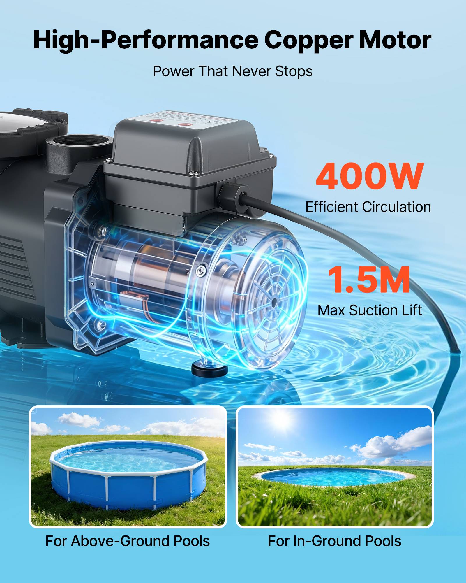 Vevor - VEVOR Pompe piscine 400 W, 11 100 L/h, hauteur refoulement 10 m, monovitesse, panier filtrant et minuterie 24 h, 220-240 V CA. - Image 3