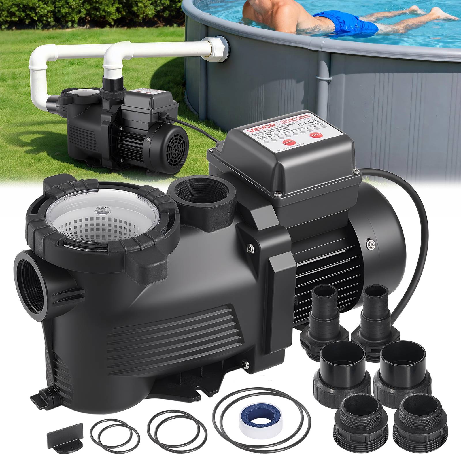 Vevor - VEVOR Pompe piscine 400 W, 11 100 L/h, hauteur refoulement 10 m, monovitesse, panier filtrant et minuterie 24 h, 220-240 V CA. - Image 1