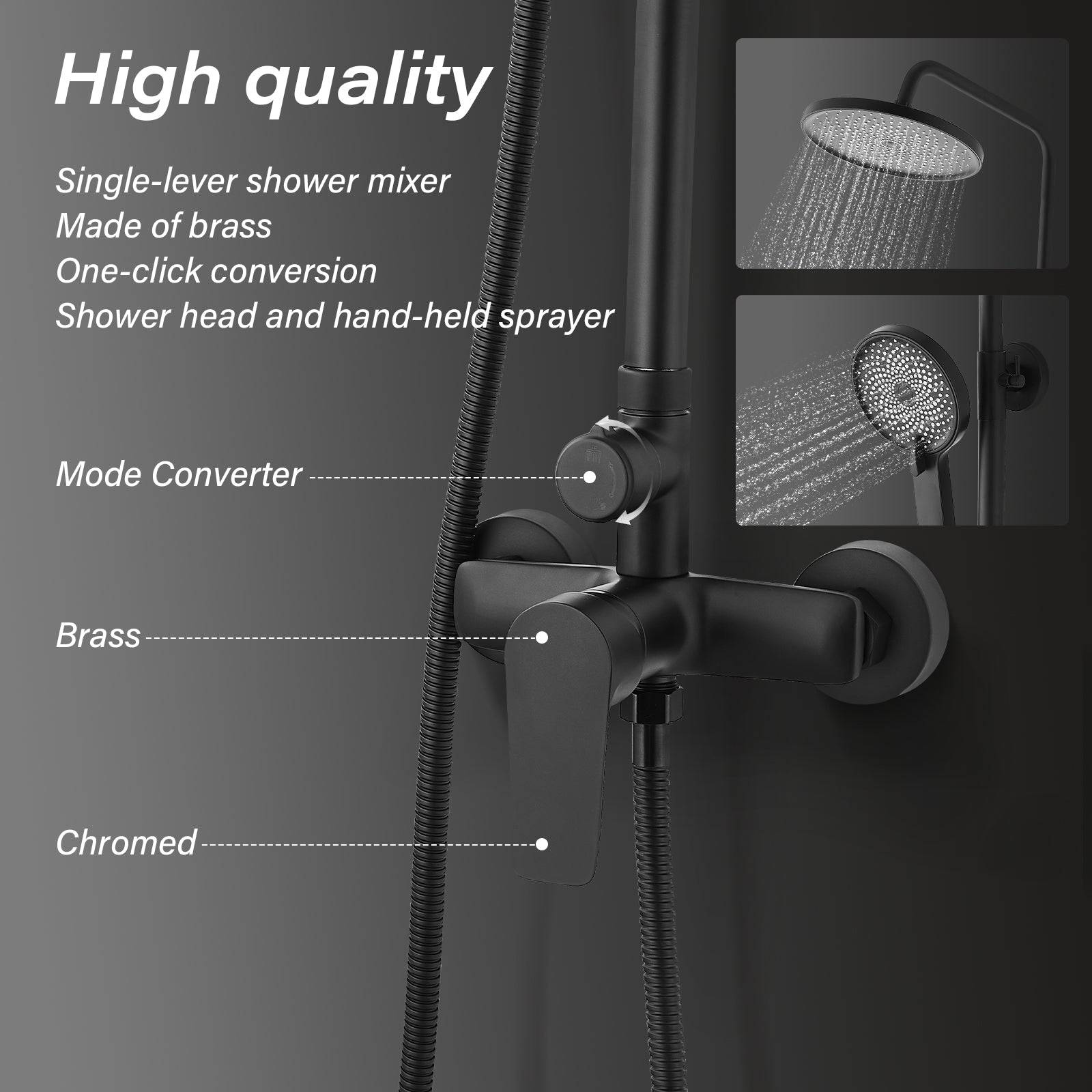 Teeno - Colonne de douche avec tête de douche ronde et manchette en ABS avec 3 jets, Noir - Image 2