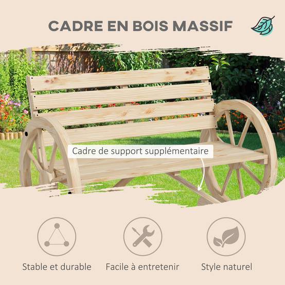 Outsunny - Banc de Jardin 3 places - Style Rustique Chic - accoudoirs Roues Charette - en bois - effet bois naturel - Outsunny - Image 7