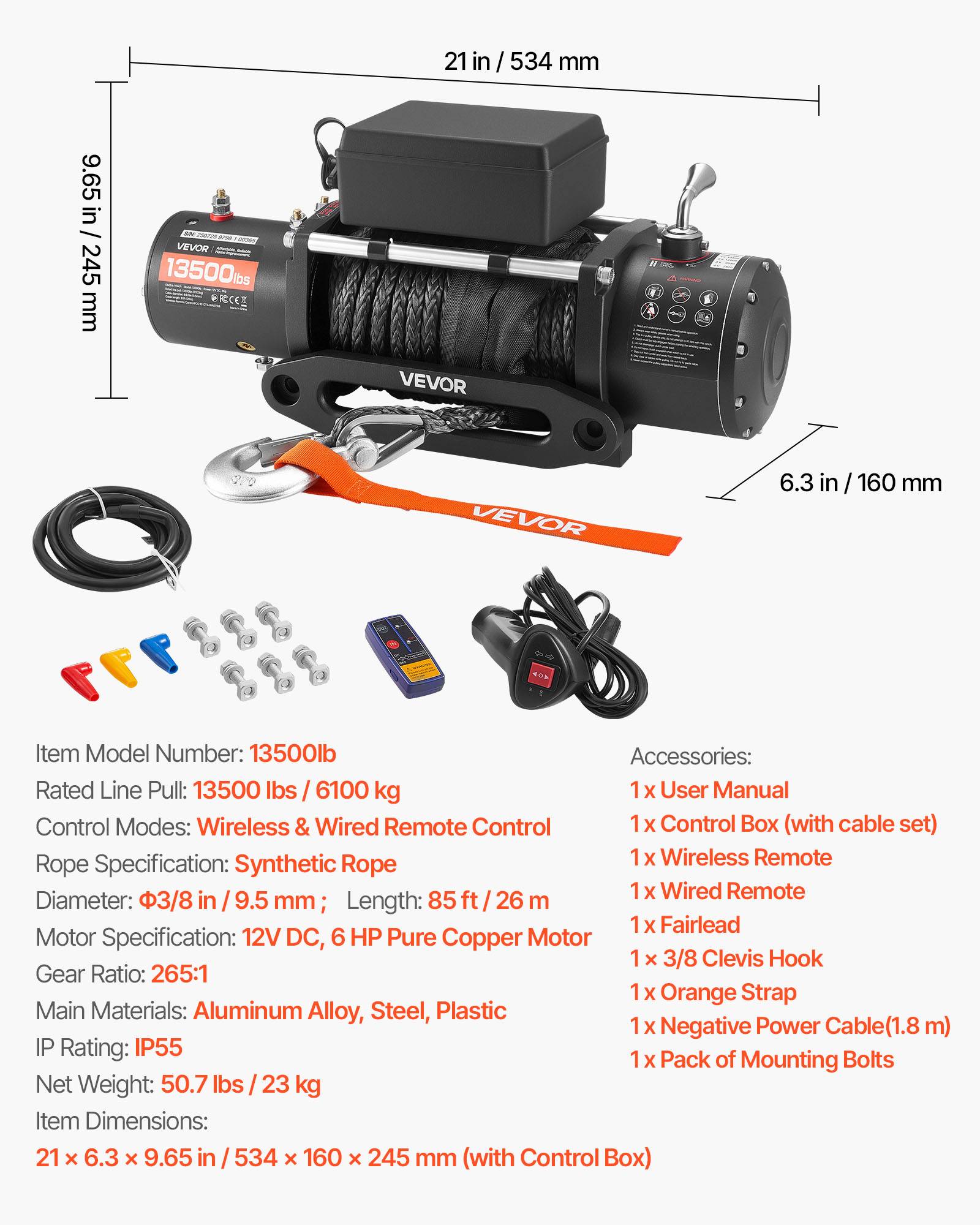 Vevor - VEVOR Treuil électrique 12 V 6 100 kg, corde synthétique 9,5 mm x 26 m, télécommande filaire et sans fil, boîtier IP55. - Image 6
