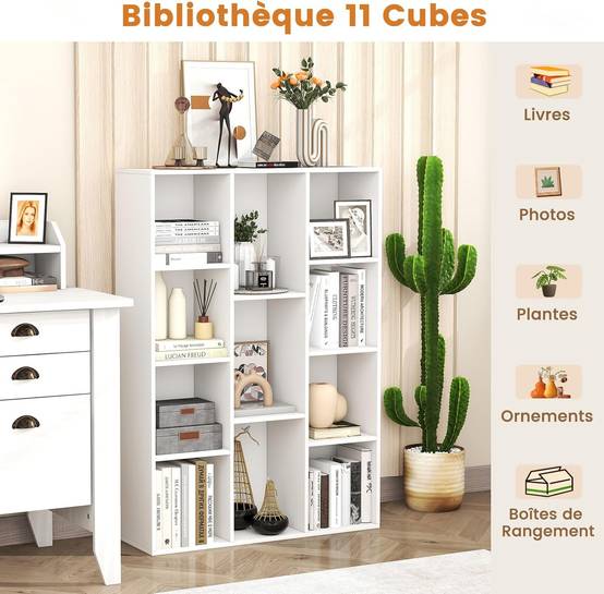 Bibliothèque à 11 Cubes, Étagère avec Compartiments Ouvertes, Meuble de Rangement pour Salon, Chambre, Bureau, 24 x 74 x 106 cm, Blanc - Image 6